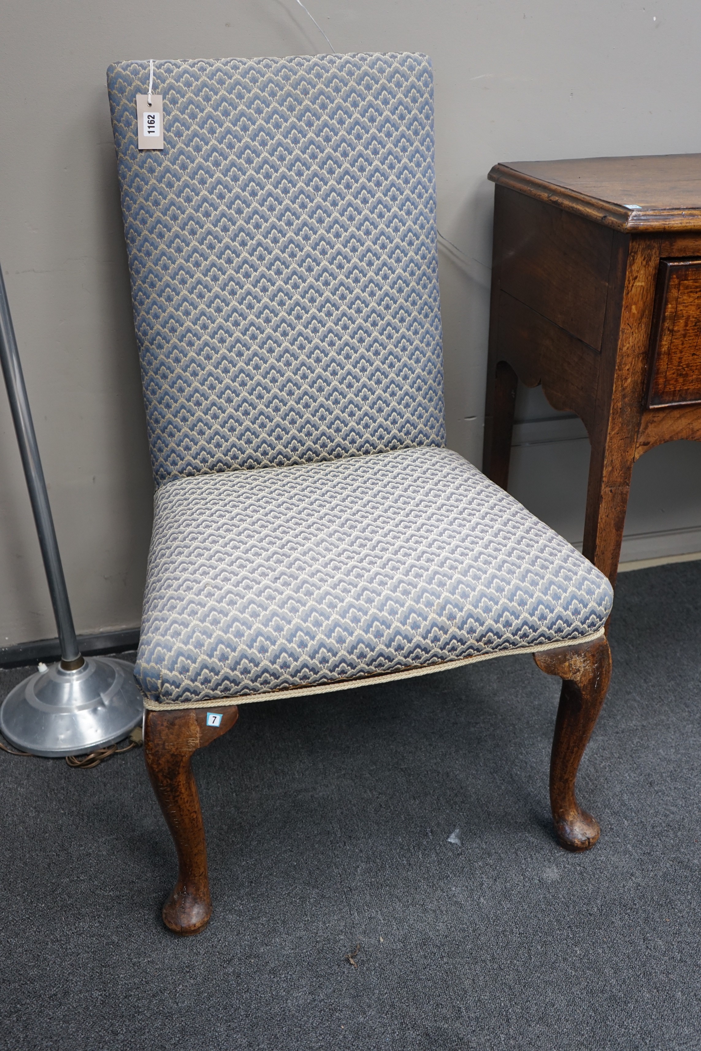 A George I walnut and upholstered dining chair on cabriole legs, height 100cm